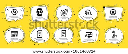 Business icons set. Speech bubble offer banners. Yellow coupon badge. Included icon as Reject file, Phone survey, Call center signs. Web search, Interview, Calendar graph symbols. Vector
