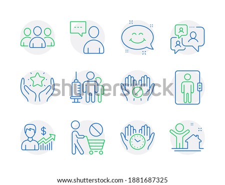 People icons set. Included icon as Medical tablet, Stop shopping, Business growth signs. Users chat, Smile chat, Medical vaccination symbols. Safe time, Group, Ranking. Elevator, New house. Vector