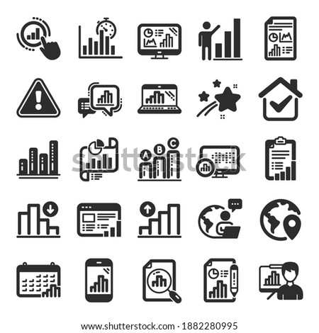 Graph icons. Set of Chart presentation, Report, Increase growth graph icons. Analytics testing, Falling demand, Pie chart report. Calendar statistics, Stats. Ab testing, Increase sales. Vector