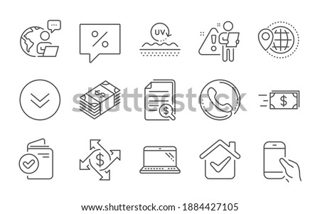 Money transfer, Laptop and Discount message line icons set. Payment exchange, Call center and Uv protection signs. Financial documents, Usd currency and Hold smartphone symbols. Line icons set. Vector