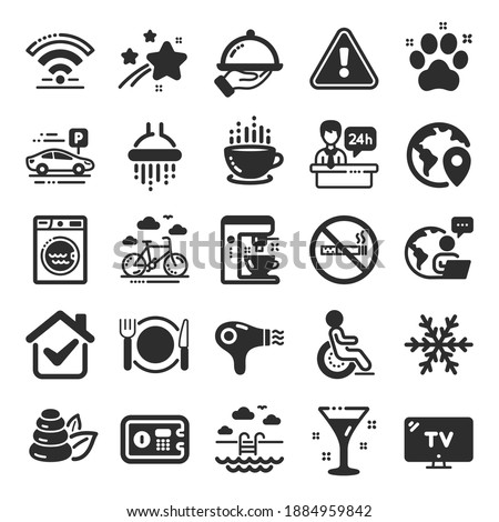 Hotel service icons. Wi-Fi, Air conditioning and Coffee maker machine. Spa stones, swimming pool and bike rental icons. Hotel parking, safe and shower. Food, coffee cup. Flat icon set. Vector