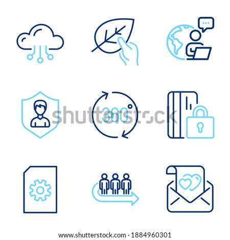 Business icons set. Included icon as Cloud computing, Organic tested, File management signs. Love letter, 360 degrees, Queue symbols. Blocked card, Security agency line icons. Line icons set. Vector