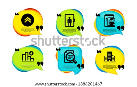 Coffee maker, Swipe up and Elevator icons simple set. Speech bubble with quotes. Decreasing graph, Check article and Buildings signs. Tea machine, Scroll screen, Office transportation. Vector