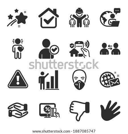 Set of People icons, such as Friend, Helping hand, World mail symbols. Graph chart, Online shopping, Engineering team signs. Identity confirmed, House security, Medical mask. Hand. Vector