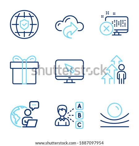 Business icons set. Included icon as Opinion, Reject access, Global insurance signs. Internet, Cloud share, Gift box symbols. Elastic material, Employee result line icons. Line icons set. Vector
