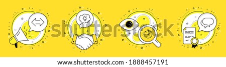 Energy, Timer and Sync line icons set. Megaphone, licence and deal vector icons. Talk bubble sign. Lightbulb, Deadline management, Synchronize. Chat message. Technology set. Vector