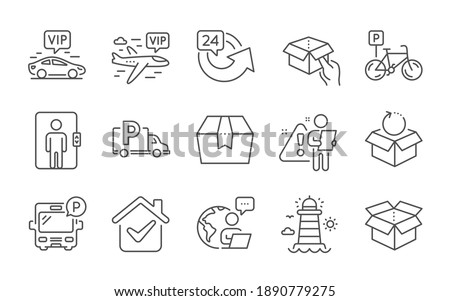 Bicycle parking, Truck parking and Lighthouse line icons set. Vip transfer, Open box and Return package signs. Vip flight, Hold box and Elevator symbols. 24 hours. Bike park, Free park. Vector