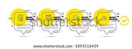 Washing machine, Time management and Financial documents line icons set. Timeline infograph speech bubble. Hammer blow sign. Laundry, Office clock, Check docs. Crash tool. Vector