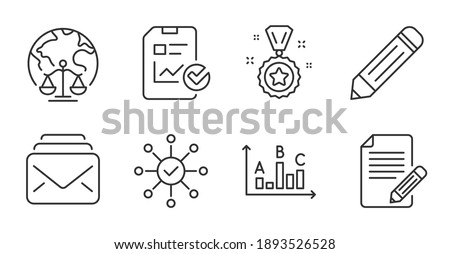 Survey results, Mail and Survey check line icons set. Report checklist, Magistrates court and Article signs. Pencil, Winner reward symbols. Best answer, New messages, Correct answer. Vector