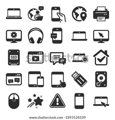 Mobile Devices icons. Set of Laptop, Tablet PC and Smartphone signs. HDD, SSD and Flash drives. Headphones, Printer devices and Mouse icons. Chat speech bubbles. Flat icon set. Vector