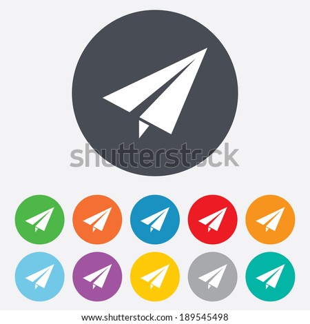 Paper Plane sign. Airplane symbol. Travel icon. Flight flat label. Round colourful 11 buttons. Vector