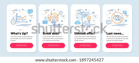 Set of Business icons, such as Fireworks stars, Reject certificate, Diagram chart symbols. Mobile screen banners. Not looking line icons. Pyrotechnic salute, Decline file, Presentation graph. Vector