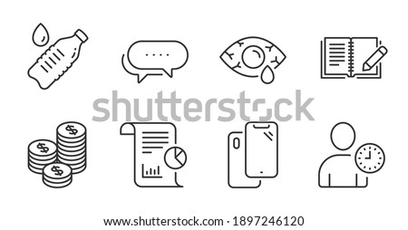 Dots message, Coins and Conjunctivitis eye line icons set. Report, Feedback and Time management signs. Water bottle, Smartphone symbols. Chat bubble, Cash money, Optometry clinic. Vector