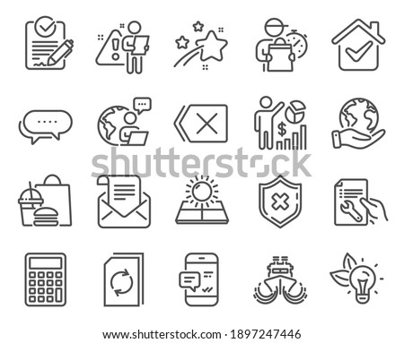 Technology icons set. Included icon as Dots message, Save planet, Eco energy signs. Repair document, Remove, Seo statistics symbols. Ship, Update document, Calculator. Mail newsletter, Rfp. Vector