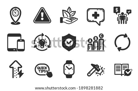 Idea, Teamwork and Medical chat icons simple set. Full rotation, Smartwatch and Timer signs. Organic product, Graph chart and Security shield symbols. Flat icons set. Vector