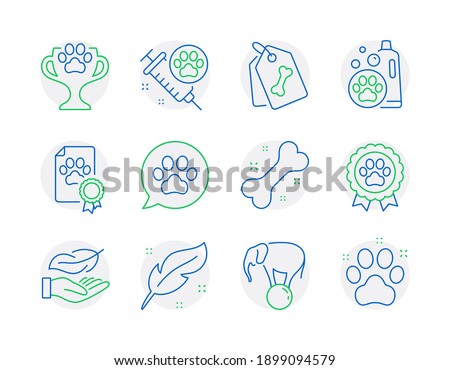 Animals icons set. Included icon as Dog competition, Pets care, Pet tags signs. Lightweight, Feather, Winner cup symbols. Dog vaccination, Elephant on ball, Pet shampoo line icons. Vector
