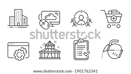Coffee pot, Cloud computing and Approved checklist line icons set. Buildings, Circus and Add products signs. Seo gear, Business targeting symbols. Quality line icons. Coffee pot badge. Vector