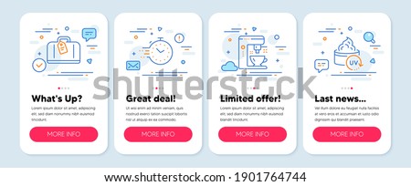 Set of line icons, such as Hand baggage, Timer, Coffee maker symbols. Mobile screen app banners. Uv protection line icons. Airport bag, Deadline management, Tea machine. Skin cream. Vector