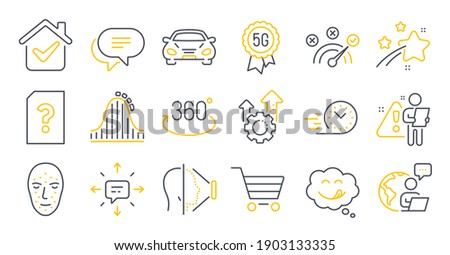 Set of Technology icons, such as Full rotation, Roller coaster, Text message symbols. Car, Sms, Fast delivery signs. Face id, Yummy smile, Face biometrics. 5g technology, Seo gear. Vector