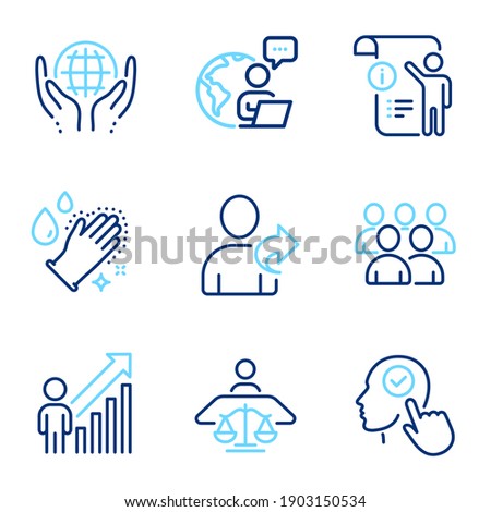 People icons set. Included icon as Group, Organic tested, Refer friend signs. Court judge, Select user, Manual doc symbols. Washing hands, Employee result line icons. Developers, Safe nature. Vector