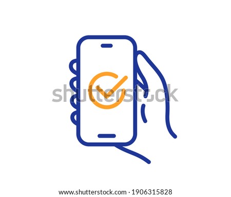Approved app line icon. Hand hold phone sign. Cellphone with screen notification symbol. Quality design element. Line style approved app icon. Editable stroke. Vector