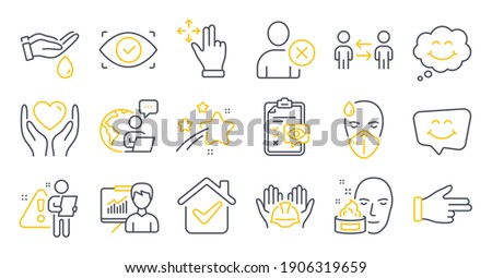 Set of People icons, such as Eye checklist, Move gesture, Sick man symbols. Smile chat, Builders union, Biometric eye signs. Wash hands, Click hand, Hold heart. Teamwork business, Smile. Vector