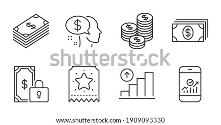 Smartphone statistics, Dollar and Loyalty ticket line icons set. Private payment, Graph chart and Pay signs. Coins, Banking symbols. Mobile business, Usd currency, Bonus star. Finance set. Vector