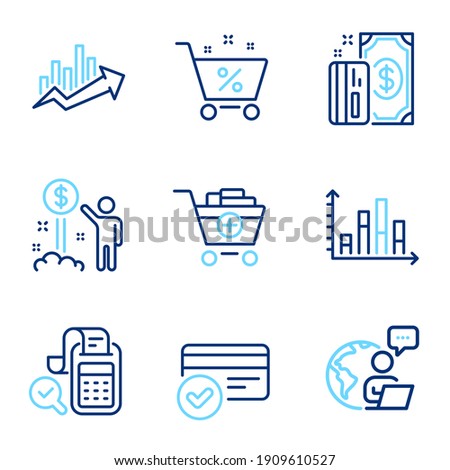 Finance icons set. Included icon as Add products, Income money, Growth chart signs. Loan percent, Payment methods, Bill accounting symbols. Payment, Diagram graph line icons. Line icons set. Vector