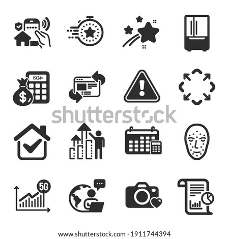 Set of Technology icons, such as 5g statistics, Calendar, Maximize symbols. Refresh website, Finance calculator, Refrigerator signs. House security, Photo camera, Timer. Employee results. Vector