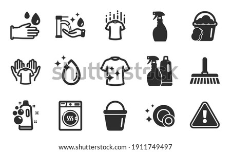 Cleaning mop, Rubber gloves and Shampoo and spray icons simple set. Clean bubbles, Bucket and Dry t-shirt signs. Spray, Hold t-shirt and Clean dishes symbols. Flat icons set. Vector