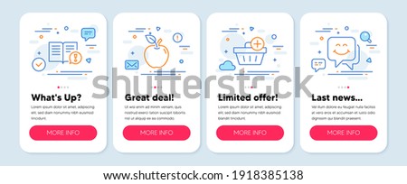 Set of line icons, such as Apple, Facts, Add purchase symbols. Mobile screen app banners. Smile face line icons. Fruit, Important information, Shopping order. Chat. Apple icons. Vector