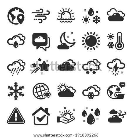 Weather and forecast icons. Cloudy sky, winter snowflake, thermometer. Moon night, rain and sunset icons. Weather temperature, meteorology forecast and wind, thunder bolt. Flat icon set. Vector
