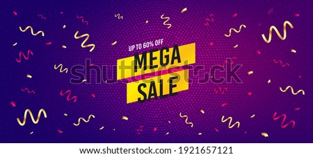 Mega sale sticker. Festive confetti background with offer message. Discount banner shape. Coupon tag icon. Best advertising confetti banner. Mega sale badge shape. Celebrate party background. Vector