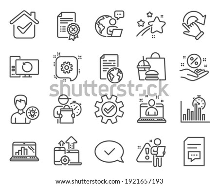 Technology icons set. Included icon as Service, Person idea, Reject certificate signs. Cogwheel, Loan percent, Comments symbols. Internet document, Best manager, Seo devices. Graph laptop. Vector