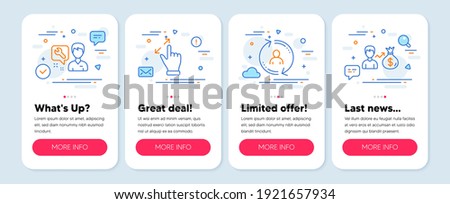 Set of People icons, such as Repairman, User info, Touchscreen gesture symbols. Mobile screen app banners. Sallary line icons. Repair service, Update profile, Zoom in. Person earnings. Vector