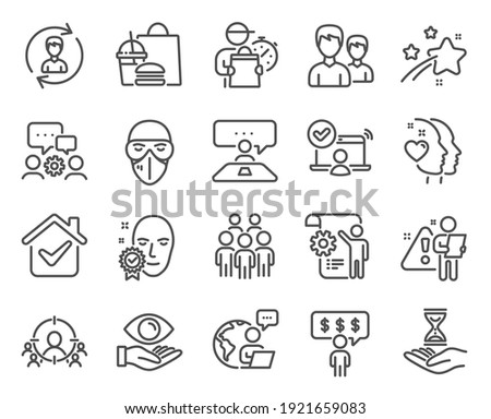 People icons set. Included icon as Couple, Heart, Settings blueprint signs. Human resources, Face verified, Online access symbols. Interview job, Time hourglass, Health eye. Group people. Vector