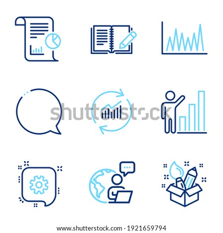 Education icons set. Included icon as Graph chart, Cogwheel, Update data signs. Speech bubble, Feedback, Line graph symbols. Creativity, Report line icons. Growth report, Engineering. Vector