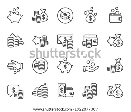 Coins line icons. Cash money, Donation coins, Give tips icons. Piggy bank, Business income. Money savings, give coin, cash tips. Investment profit, growth chart, financial crisis. Vector