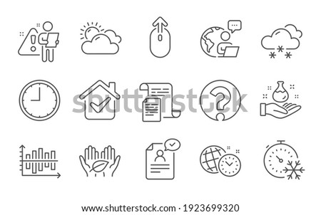 Freezing timer, Time management and Question mark line icons set. Swipe up, Chemistry lab and Documents signs. Diagram chart, Time and Resume document symbols. Line icons set. Vector