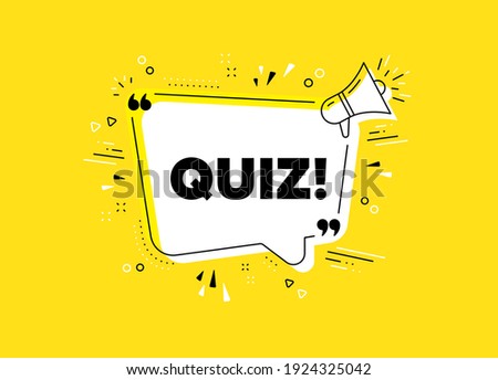 Quiz symbol. Megaphone yellow vector banner. Answer question sign. Examination test. Thought speech bubble with quotes. Quiz chat think megaphone message. Infographics yellow background. Vector