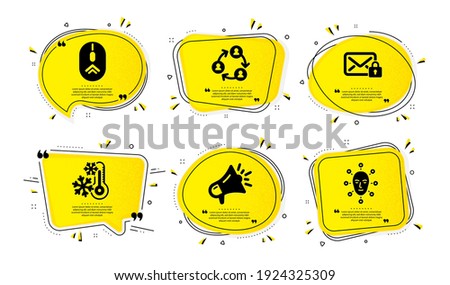 Freezing, Megaphone and Swipe up icons simple set. Yellow speech bubbles with dotwork effect. Secure mail, Teamwork and Face biometrics signs. Vector