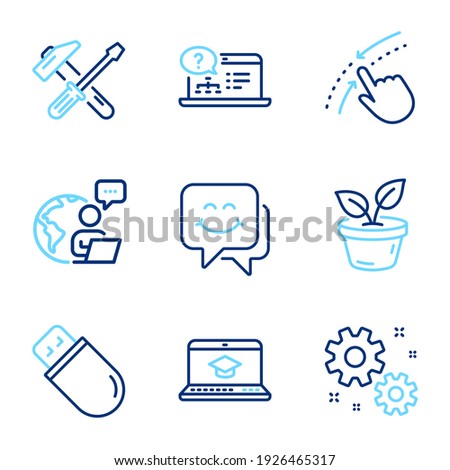 Business icons set. Included icon as Hammer tool, Smile face, Swipe up signs. Usb stick, Online help, Website education symbols. Leaves, Work line icons. Repair screwdriver, Chat. Vector