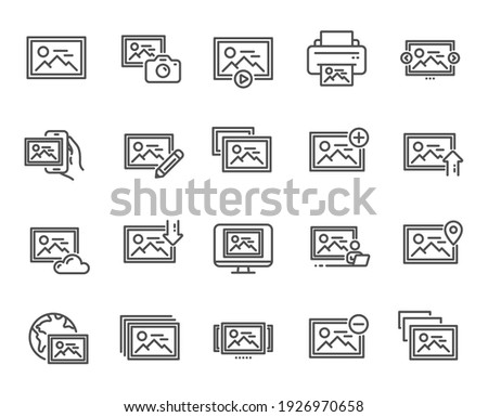 Photo line icons. Print image, Photo camera, Upload picture icons. Edit image, Play presentation and photo printer. Download picture, Gallery carousel, placeholder pic. View portfolio. Vector