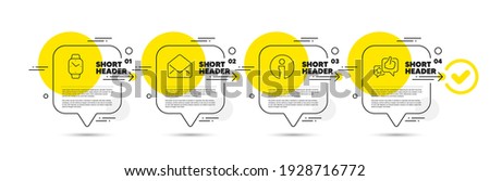 Info, Smartwatch and Mail line icons set. Timeline infograph speech bubble. Like sign. Information, Digital time, E-mail. Star rating. Technology set. Infographics timeline process. Vector