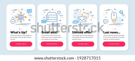 Set of Technology icons, such as Share mail, Logistics network, Servers symbols. Mobile app mockup banners. Scroll down line icons. New e-mail, International tracking, Big data. Mouse swipe. Vector
