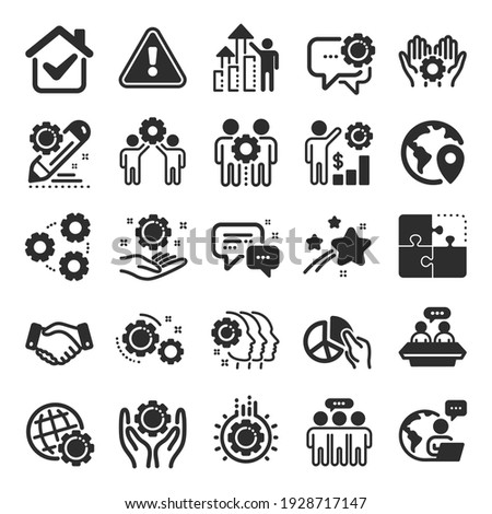 Employees benefits icons. Business strategy, handshake and people collaboration. Teamwork, social responsibility, people relationship icons. Growth chart, employees benefits. Flat icon set. Vector