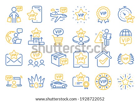 Vip line icons. Casino chips, very important person, delivery parcel. Certificate, player table, vip buyer icons. Crown, casino ticket, business class flight. Membership privilege. Vector