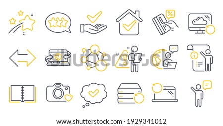 Set of Technology icons, such as Manual doc, Agent, Stars symbols. Approved, Recovery laptop, Credit card signs. Sync, Photo camera, Integrity. Recovery cloud, Dermatologically tested. Vector