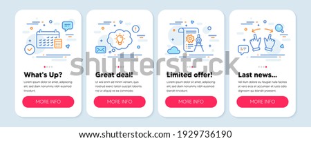Set of Technology icons, such as Divider document, Calendar, Energy symbols. Mobile app mockup banners. Move gesture line icons. Report file, Calculator device, Lightbulb. Swipe. Vector