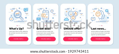 Set of Technology icons, such as Like, Data analysis, Smartphone notification symbols. Mobile screen banners. Time management line icons. Social media likes, Magnifying glass, Chat message. Vector